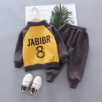 Male baby plus velvet sweater autumn and winter two-piece childrens clothing boys winter suit 1-3-year-old children baby clothes