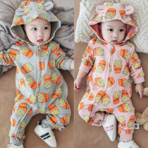 French Jacadi baby jumpsuit Spring and Autumn long sleeve baby hat fries print hooded zipper cotton climbing suit