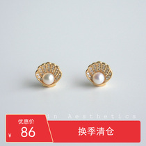 VIA temperament French retro Net red 925 silver Small New Tide ins shell freshwater pearl earrings female