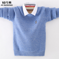 Sweater boys in the big boy boys autumn and winter pullover 2021 fake two pure cotton warm clothes plus velvet thickened knitwear