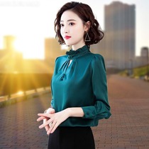 Red chiffon top women long sleeve 2021 Autumn New Style style inside base shirt plus velvet shirt shirt small shirt inch