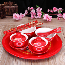 Newcomer to tea cup wedding bowl ceramic bowl chopsticks set retro Chinese wedding Red Dragon and Phoenix festive word pair Cup