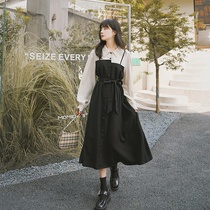 Autumn 2021 new fake two-piece dress womens long sleeve waist small man thin Hepburn wind suspender skirt