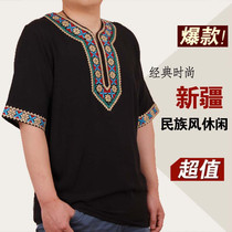 Summer new short-sleeved mens T-shirt performance clothing Xinjiang ethnic style traditional embroidery cotton base shirt