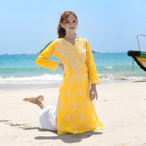 Indian yoga dress meditation Classical Cylan Pure Cotton Pure Handmade Embroidered Woman Thin with the new yellow of the blouse