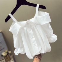 Suspender word shoulder top womens summer 2021 new Korean version fairy ruffle mid-sleeve off-shoulder shirt chiffon shirt