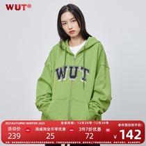 (WUT official shop) three candy color embroidered logo cardigan sweater heavy weight 450g plus velvet jacket Xinjiang Cotton