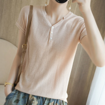 Summer cotton knitted short sleeves 2022 new V - collar cotton T - shirt Korean edition large - size loose half - sleeve bottom coat