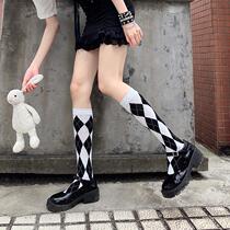 College wind calf socks Diamond jk socks female middle tube white long tube half black and white plaid Diamond Spring and Autumn retro