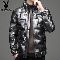 Playboy bright leather down jacket mens short 2021 new winter trend handsome stand collar disposable coat Silver