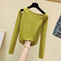 South Korea Spring Dress 2020 Womens Tennis Red Ins Long Sleeve Open-shoulder T-shirt Fashion Temperament Sexied Pure Color Blouses Woman