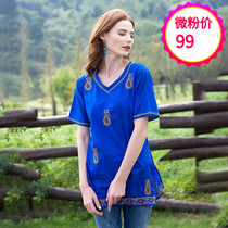 Indian imports pure cotton pure handmade embroidery Short-style national wind female blouse short sleeve spring summer style blue