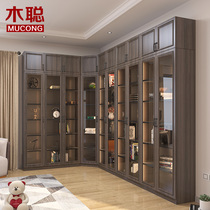 Mu Cong modern simple bookcase with top cabinet Intelligent combination with lights Glass corner cabinet Dark walnut color study bookcase