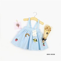 ins Girls summer bow strap dress 2020 new female baby badge patch embroidered cotton skirt