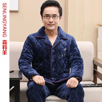 Plus size mens winter three layers of thick coral velvet cotton pajamas dad autumn and winter warm flannel home wear