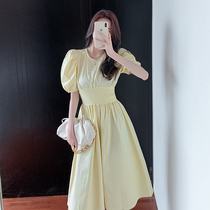 Hepburn style French retro foreign style waist long bubble sleeve chiffon dress