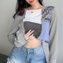 H home early autumn new product stitching color long sleeve hollow jacquard top female pop beggar shirt Joker Yard