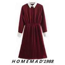  1988 womens 20 spring new European and American style shirt collar mid-length pleated skirt womens single-breasted one-piece skirt