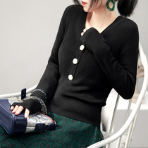 MY wool sweater Autumn new black sweater base shirt Slim long sleeve pullover V-neck sweater