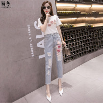 2020 Summer Sashimi Flowers Denim 90% Pants Embroidered Ancient Windy Solid Flowers Pure Color Short Sleeve Shirt Suit