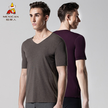 Scarecrow autumn and winter seamless velvet plus velvet thin velvet fever warm coat mens V collar short sleeve T-shirt base shirt sweatshirt