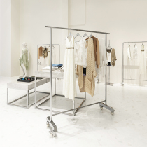 Clothing store display stand stainless steel brushed floor type with wheels silver hanging clothes pole womens clothing store shelf display rack
