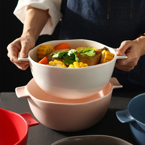 Nordic Home Ceramic Double Ear Soup Bowl Large Bowl Fruit Salad Bowl Irregular Creative Day Style Bowl Home Stirring Bowl