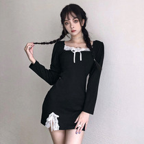 WEEKEEP Lace Splicing Sexy Open Fork Dress Womens Ins Han Edition Body Temperament Squared to receive waist short dress