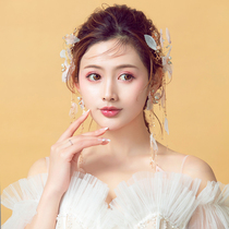 Cute bride super-fairy female pink yarn Korean sweet long stream su pair wedding headdress earring suit