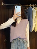 Warm vest female breast no trace Korean version of ins trendy horse clip outside shoulder V neck loose knit sweater