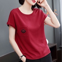 Loose short-sleeved womens t-shirt top plus size 2021 summer fat mm Korean version of pure cotton middle-aged mother half-sleeved shirt