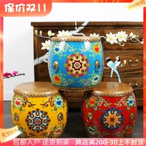 New Chinese style solid wood creative leather drum stool sofa dressing stool changing shoe stool round small stool old painted furniture