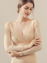 Japanese Thermal Lingerie Women Winter Plus Suede Thickened Lace V Collar Sexy Beauty Body Sweaters Undershirt Longsleeve Blouse