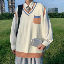 V-neck knitted vest mens spring and autumn Hong Kong style trend color sweater vest Korean version loose outer wear waistcoat
