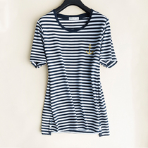 Customized 2021 Summer Easy Aging French Contrast Embroidery Sautical Wind Slim Striped Short Sleeve T-Shirt Blouse