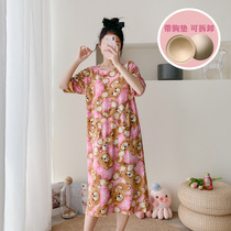 Short-sleeved nightdress with chest pad summer pure cotton Korean version cute bear pajamas womens loose casual large size thin section home service
