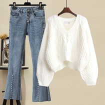 Big Code Womens Clothing Younger Sister Spring Autumn Season New Suit Woman Foreign Air Loose Outside Wearing Sweater High Waisted Jeans Two-piece Set