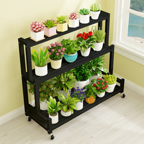 Flower shelf balcony floor-to-wall iron flower basin shelf multi-layer solid wood shelf stepped outdoor courtyard