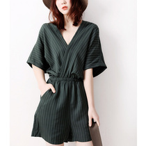 Japanese women's Hepburn style white slim fashion retro green vertical line elastic waist cross collar temperament jumpsuit