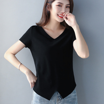 Black V-neck T-shirt women short loose design sense short sleeve female 2021 New irregular belly