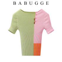 Korean version overfire collared ice silk knit T-shirt woman Supper with slim short sleeve blouse 20 Summer new row of buttons