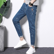 Playboy nine-point jeans mens slim-fitting small feet Korean version of the trend fashion casual wild embroidery mens pants