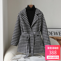 High-end houndstooth double-sided wool coat womens mid-length 2022 new loose and thin woolen coat