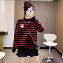 New autumn and winter crewneck loose sweatshirt sweater with contrast stripes embroidered with hat knitwear duo