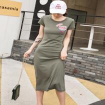 2020 summer new Korean version short-sleeved letter embroidered appliqué casual dress slimming slim slit long skirt