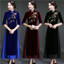 Spring and Autumn big pendulum gold velvet long mom Odai Cheongsam dress Gold beaded wedding catwalk performance Cheongsam