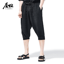 Zuodu Chinese style linen shorts mens tide summer loose thin casual retro cotton linen Capri pants mens beach pants