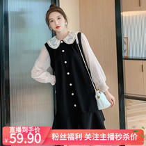 Spring and summer new Han version Lace Doll Collar Long Sleeve Splicing Fake two pregnant women Lioned-up dress Women can open withholding lactation dress