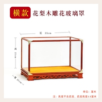 Customized wood carving antique Guanyin Buddha statue decoration crafts display dust base chicken wing wood treasure cage glass cover