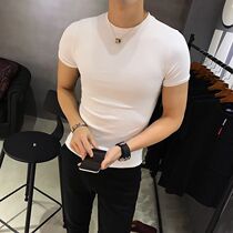 Tide brand summer short sleeve T-shirt mens tight half sleeve round neck Korean fashion slim cotton white base shirt